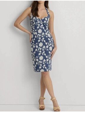 NWT Lauren Ralph Lauren Embroidered Indigo and White Floral Halter Midi Dress